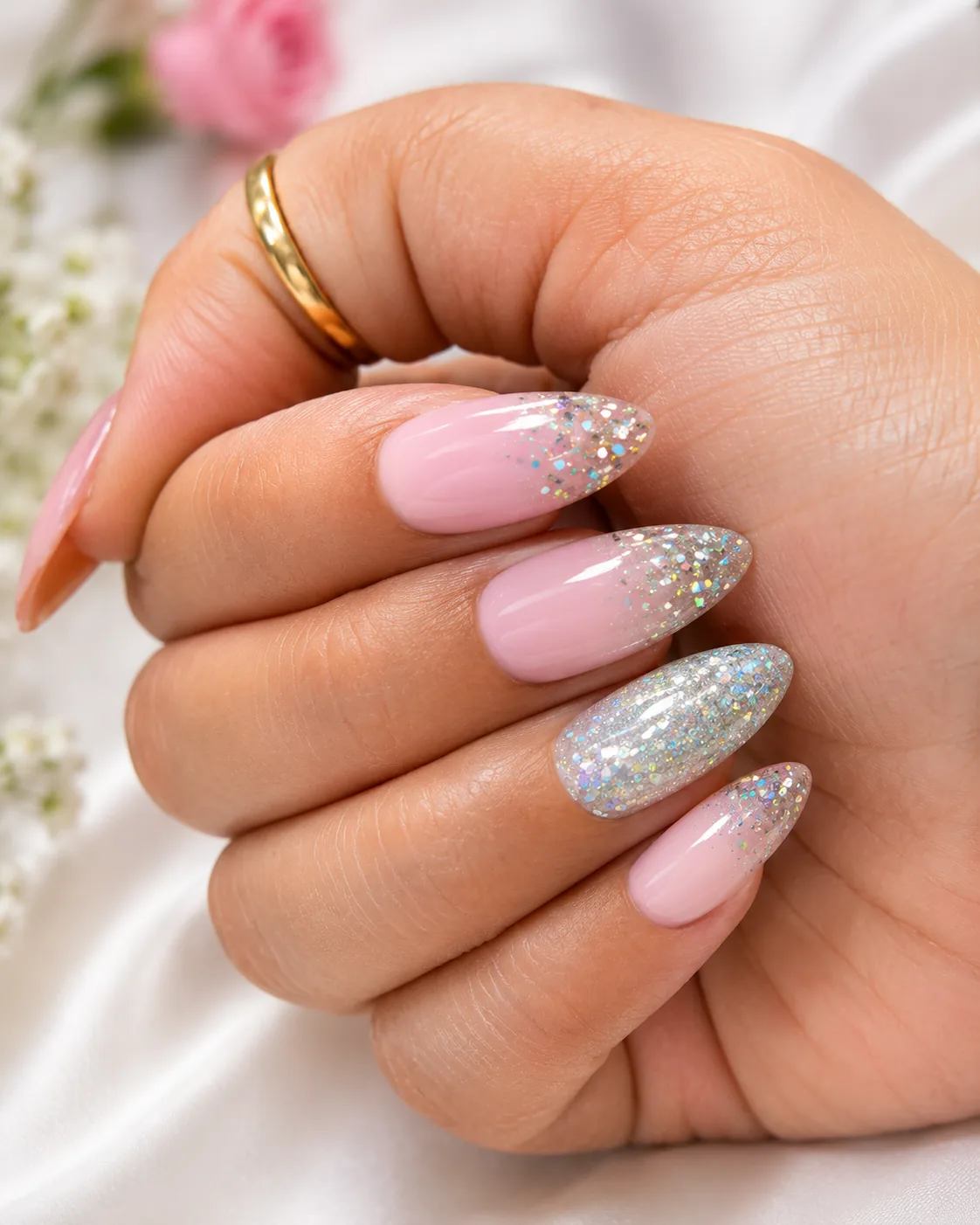 Baby pink almond with silver glitter tips