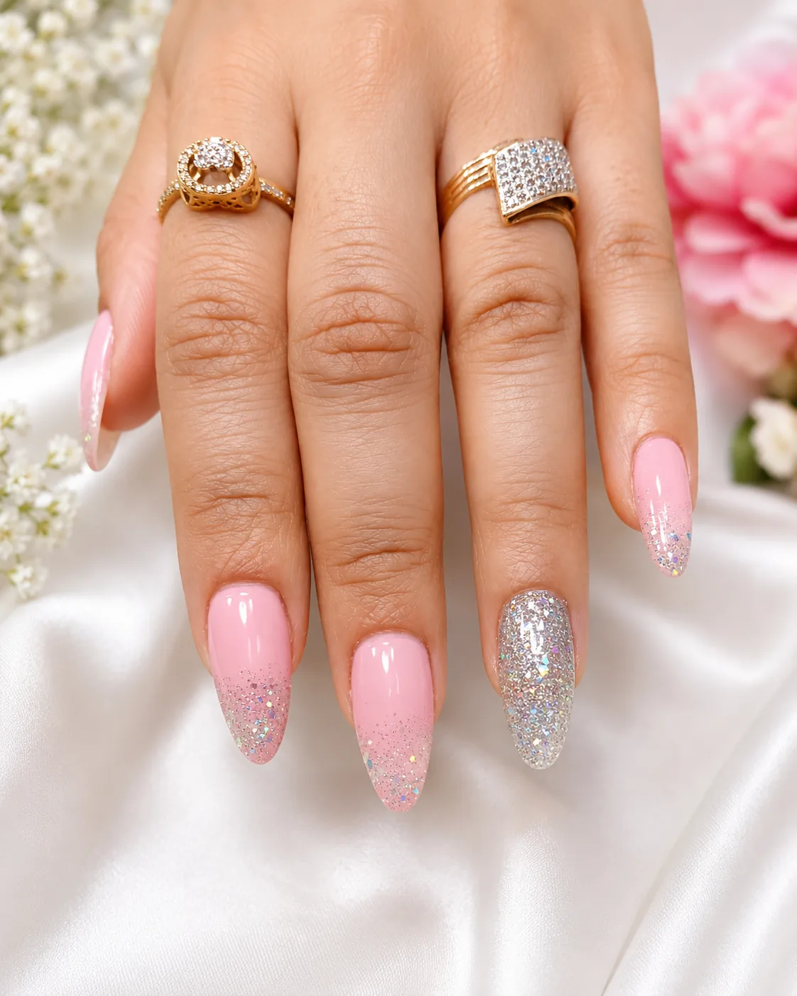 Pink ombré with silver glitter feature nail