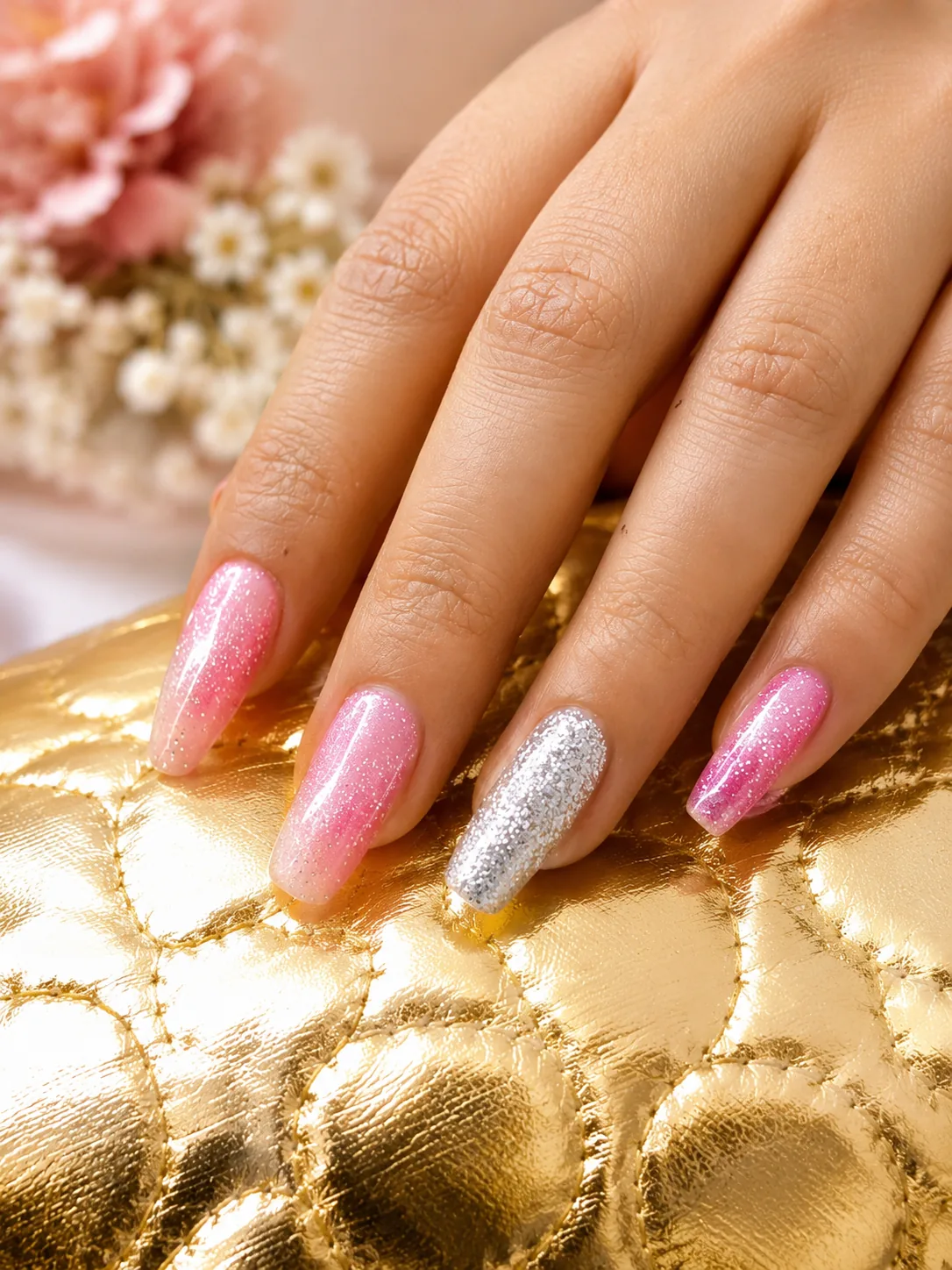 Pink shimmer coffin with silver glitter accent